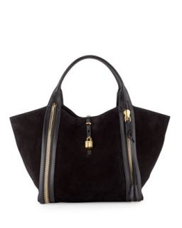 Amber Double Zip Leather/Suede Tote Bag, Black   Tom Ford