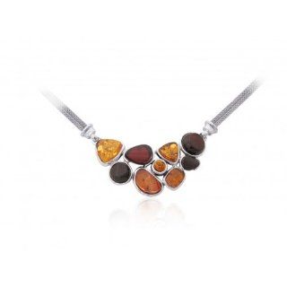 Timeless Amber, Honey, Citrine & Cherry Clustered Bib Necklace, 17"+2" Externder, .925 Sterling Silver Jewelry