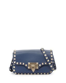 Rockstud Leather Studded Mini Crossbody Bag, Blue   Valentino