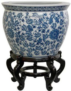 Oriental Furniture Antique Chinese Export Design, 20 Inch Blue and White Porcelain Fishbowl, Floral Pattern, Stand Not Included   Planters