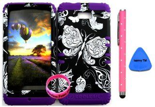 Bumper Case for Motorola Droid Razr M (XT907, 4G LTE, Verizon) Protector Case White Butterfly on Black Snap on + Purple Silicone Hybrid Cover (Stylus Pen, Pry Tool & Wireless Fones' Wristband included) Cell Phones & Accessories