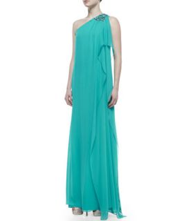 Womens Beaded One Shoulder Caftan Gown, Turquoise   Badgley Mischka Collection