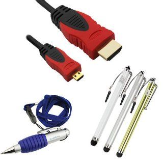 BIRUGEAR 6FT (Red / Black) Gold Plated Micro HDMI Cable + 3 Packs of Stylus Pen (Silver / Orange / White) + Pen with Neckstrap Lanyard for Blackberry Z10 ; Samsung ATIV Smart PC Pro 700T, ATIV Smart PC 500T, ATIV TAB, Galaxy S Lightray 4G / SCH R940: Elect