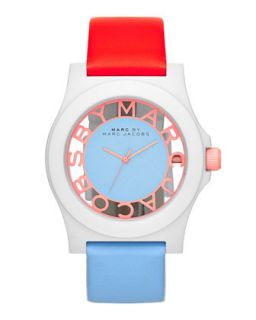 Colorblock Henry Skeleton Watch with Leather Strap, White/Coral/Ice   MARC by