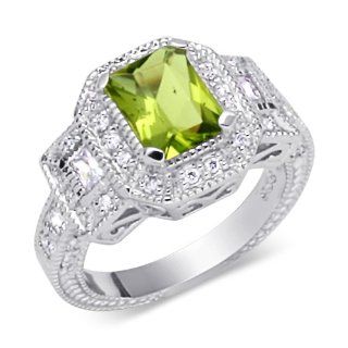 Classic Beauty 1.50 carats total weight Radiant Cut Peridot & White CZ Size 6 Gemstone Ring in Sterling Silver Rhodium Nickel Finish: Peora: Jewelry