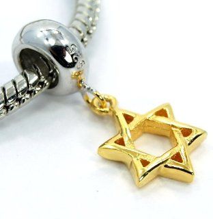 Pro Jewelry .925 Sterling Silver "Star of David" Gold Tone Dangle Charm Beads for Snake Chain Charm Bracelets: Jewelry