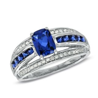 Cushion Cut Lab Created Ceylon Sapphire and 1/6 CT. T.W. Diamond Ring