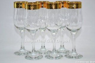 Italian 7.5 inches Champagne Flute Wine Glass 14K Gold Rim Fleur De Lis Pattern, Set Of 6 Glasses Free Ship. GS916 ITE: Kitchen & Dining
