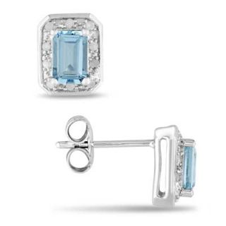 Emerald Cut Aquamarine and Diamond Accent Stud Earrings in Sterling