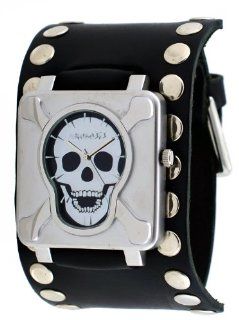 Nemesis #SM930K Men's Stainless Steel Skull Face Dial Wide Leather Cuff Band Watch: Watches