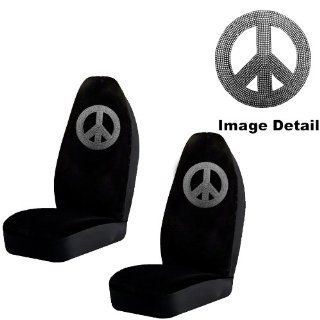 White Peace Sign Symbol Logo Gem Crystal Studded Rhinestone Bling Car Truck SUV Front Universal Fit Bucket Seat Covers   PAIR: Automotive