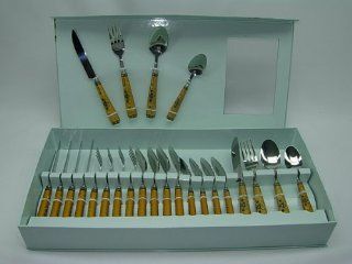 Fabulous Threestar 24 Piece Flatware Set, Royal Gold And Black Decor Service For 6 Stainless Steel: Kitchen & Dining