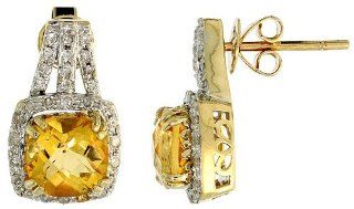 14k White Gold Large Stone Earrings, w/ 0.30 Carat Brilliant Cut Diamonds & 3.78 Carats 7mm Cushion Cut Citrine Stone, 5/8" (16mm) tall Jewelry