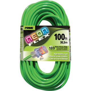 Prime Wire & Cable 12/3 Neon Power Cord — 100Ft.L, Green, Model# NS512835  Extension Cords