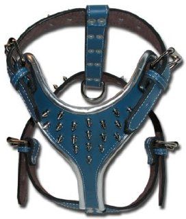 1 1/4" Spiked Blue Leather Harness w/ Silver Round Edges   Medium (Fits neck size 17" 24") (Body size 27" 33") : Pet Harnesses : Pet Supplies