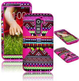 Bastex Heavy Duty Hybrid Case For LG G2 VS980 D800 Hot Pink Silicone / Multi Color Chevron Tribal Aztec Cover Cell Phones & Accessories