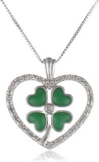10k White Gold Green Enamel Four Leaf Clover with Diamond Heart Pendant Necklace (0.07 Cttw I J Color, I2 I3 Clarity), 18" Jewelry