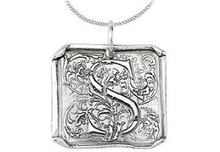 Sterling Silver .925 Rhodium Plating Vintage Letter S Initial Pendant Necklace: Jewelry
