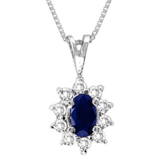 Oval Sapphire and 1/7 CT. T.W. Diamond Pendant in 14K White Gold   16