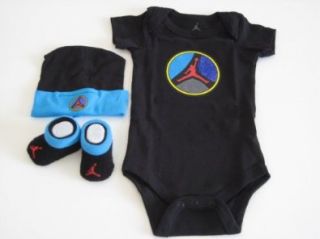 Nike Jordan Infant New Born Baby Boy/Girl 0 6 Months 1 Lap/Shoulder Bosyduits, 1 Pair of Booties and 1 Cap With Jordan Sign Black/Blue 3 PCS Set New: Shoes