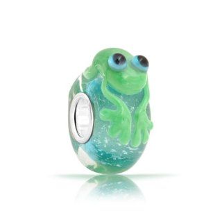 925 Sterling Silver Murano Glass Cute Green Frog Pandora Style Bead: Jewelry