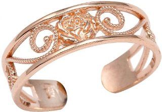 Ladies 14k Rose Gold Filigree Pink Flower Adjustable Toe Ring Jewelry