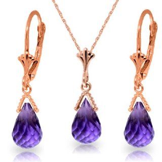 14k Rose Gold Jewelry Set: Natural Briolette Purple Amethyst 18" Pendant Necklace and Dangle Earrings: Jewelry