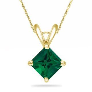0.82 1.02 Cts of 6 mm AAA Princess Russian Lab Created Emerald Solitaire Pendant in 14K Yellow Gold: Chain Necklaces: Jewelry