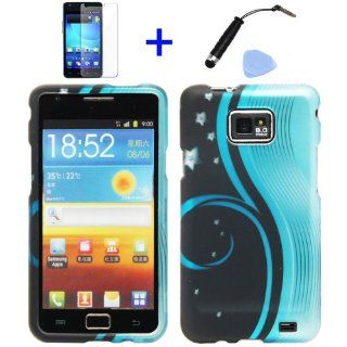 4 items Combo: Stylus Pen + Screen Protector Film + Case Opener + Blue Swirl Aurora Wave Black Night Snow White Flower Vine Design Rubberized Snap on Hard Shell Cover Faceplate Skin Phone Case for Samsung Galaxy S2 / SII / II / 2 / SGH i777 / i9100 (AT&