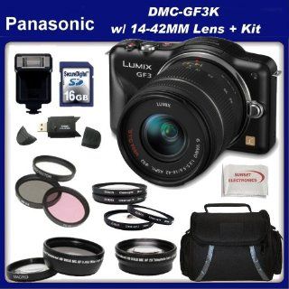 Panasonic Lumix DMC GF3 Digital Camera with 14 42mm Lens Kit (Black) Also Includes 0.45x Wide Angle Macro Lens, 2x Telephoto Lens, 3 Piece Filter Kit (UV, CPL, FLD) 4 Piece Macro Kit (+1, +2, +4, +10) Carrying Case, 16GB SDHC Memory Card, Card Reader, Sho