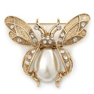 Vintage Inspired Crystal, Simulated Pearl 'Bumble Bee' Brooch In Gold Plating   60mm Across: Brooches And Pins: Jewelry