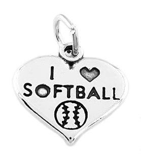 Sterling Silver One Sided I Love Softball Inside Heart Charm: Jewelry