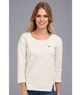 Lacoste 3/4 Sleeve Interlock Stripe Tee Shirt Womens Long Sleeve Pullover (White)