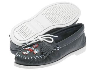 Minnetonka Thunderbird Smooth Leather Boat Sole Womens Shoes (Navy)