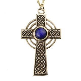 Small Celtic Cross with 8mm Lapis Lazuli Gemstone on 18" Rolo Chain: Jewelry