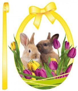 Stickers: Easter sticker Wall Tattoo   Bunnies In Nest With Tulips, Yellow Egg (24 x 20 inches)   Wall Decor Stickers