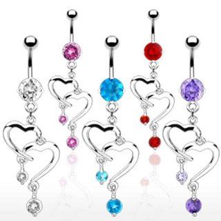 [Aqua] Romantic Style Fancy Navel Ring with Double Heart Dangle Containing 6 mm Round CZ Stone on Top   14G 3/8" Long   Aqua: Belly Button Piercing Rings: Jewelry