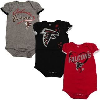 Atlanta Falcons Newborn Girls 3 Piece Ruffle Heart Creeper Set   Ash/Black/Red