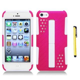Hard Plastic Snap on Cover Fits Apple iPhone 5C Lite Pink On White Dual V Dot Stand Hybird Case + A Gold Color Stylus/Pen AT&T, Verizon, T Mobile, Boost Moblie, Sprint (does NOT fit Apple iPhone or iPhone 3G/3GS or iPhone 4/4S or iPhone 5/5S): Cell Pho