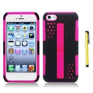 Hard Plastic Snap on Cover Fits Apple iPhone 5C Lite Black On Pink Dual V Dot Stand Hybird Case + A Gold Color Stylus/Pen AT&T, Verizon, T Mobile, Boost Moblie, Sprint (does NOT fit Apple iPhone or iPhone 3G/3GS or iPhone 4/4S or iPhone 5/5S): Cell Pho