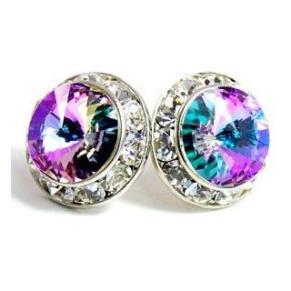 15MM Iridescent Rainbow Jewel Tone 'Vitrail' Light Violet, Blue & Green Swarovski Crystal Elements Round Stud Earrings, Hypoallergenic Posts: Jewelry
