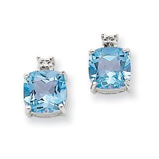 Cushion Shape Blue Topaz & Diamond Earrings in 14kt White Gold   Friction Back: GEMaffair Jewelry