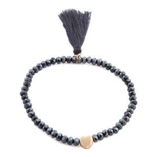 4 Pieces of Ladies Navy with Gold Heart Charm with Tassel and Eliptical Glass Beaded Stretch Bracelet: Jewelry