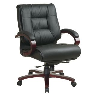 Office Star Deluxe Mid Back Black Executive Leather Chair with Deluxe Locking Mid Pivot Knee Tilt and Mahogany Finish   Desk Chairs