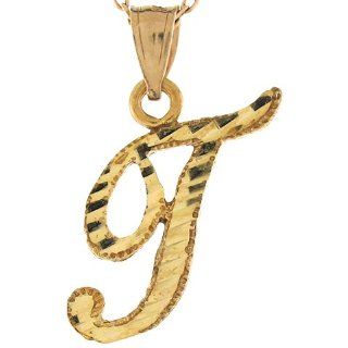 14k Gold 1.76cm Fancy Script Letter T Diamond Cut Initial Charm Pendant: Jewelry