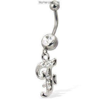 Cursive initial belly button ring, letter F: Jewelry