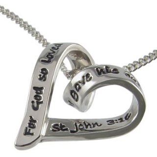 LDS Womens Silver Finish Steel God So Loved the World Heart Necklace on a 18" 20" Adjustable Curb Link Chain for Girls   "For God So Loved the World That He Gave His Only Begotten Son" St John 3:16: Jewelry