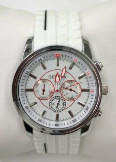 White Large Face Watch. Chronograph Look Large, Thick Face. Textured Band with Printed Black Strip. Handles Are White and Red. Color of Face Coordinates with Color of Band. Gift Box Included for Easy Gift Giving. at  Men's Watch store.