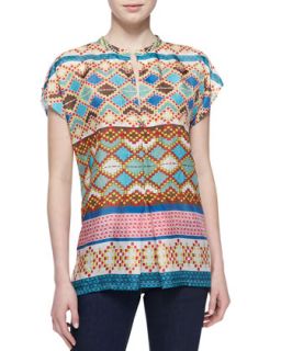 Womens Mixed Print Silk Short Sleeve Blouse   Johnny Was Collection   Multi a