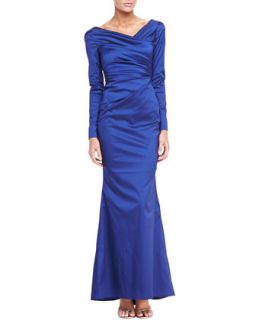 Womens Long Sleeve Asymmetric Satin Gown   Talbot Runhof   Enzian (2)